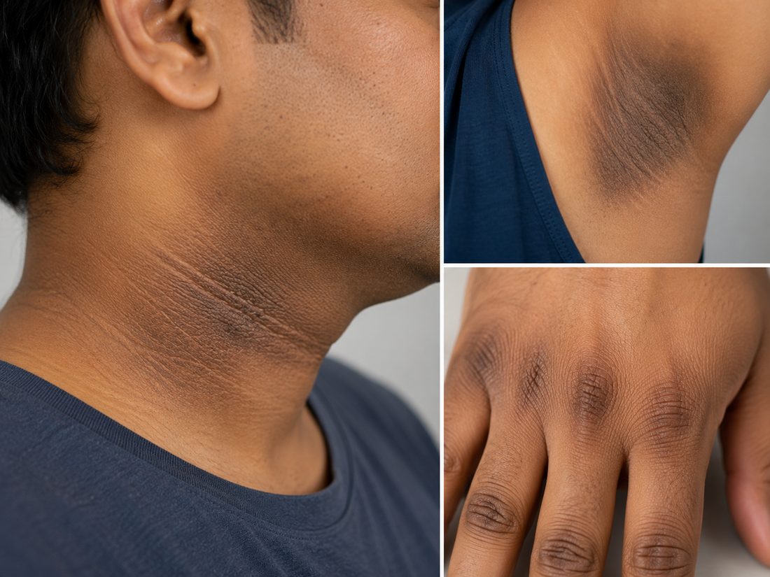 Dark velvety neck patches (acanthosis nigricans) signalling insulin resistance