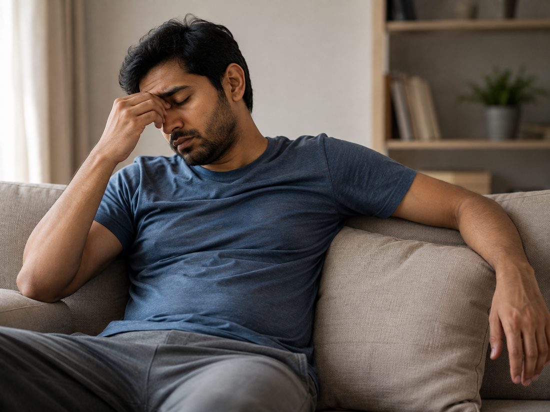 Exhausted man whose tiredness sleep does not fix, an early diabetes symptom