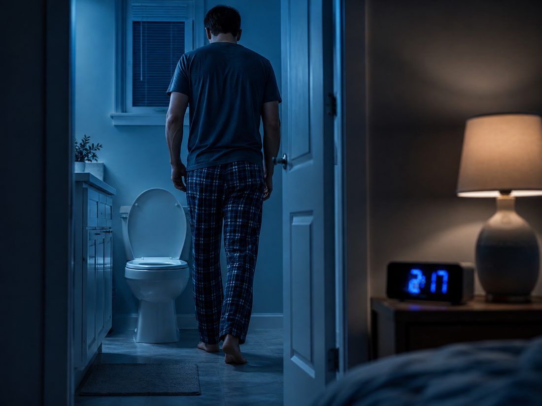 Man waking at night to urinate, a frequent early warning sign of diabetes